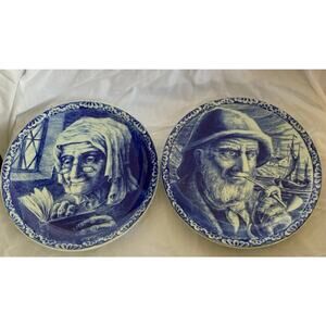 Bock Frères La Louvière Belgium Delft Blue Set of 2 – 12” Wall Plates Portraits
